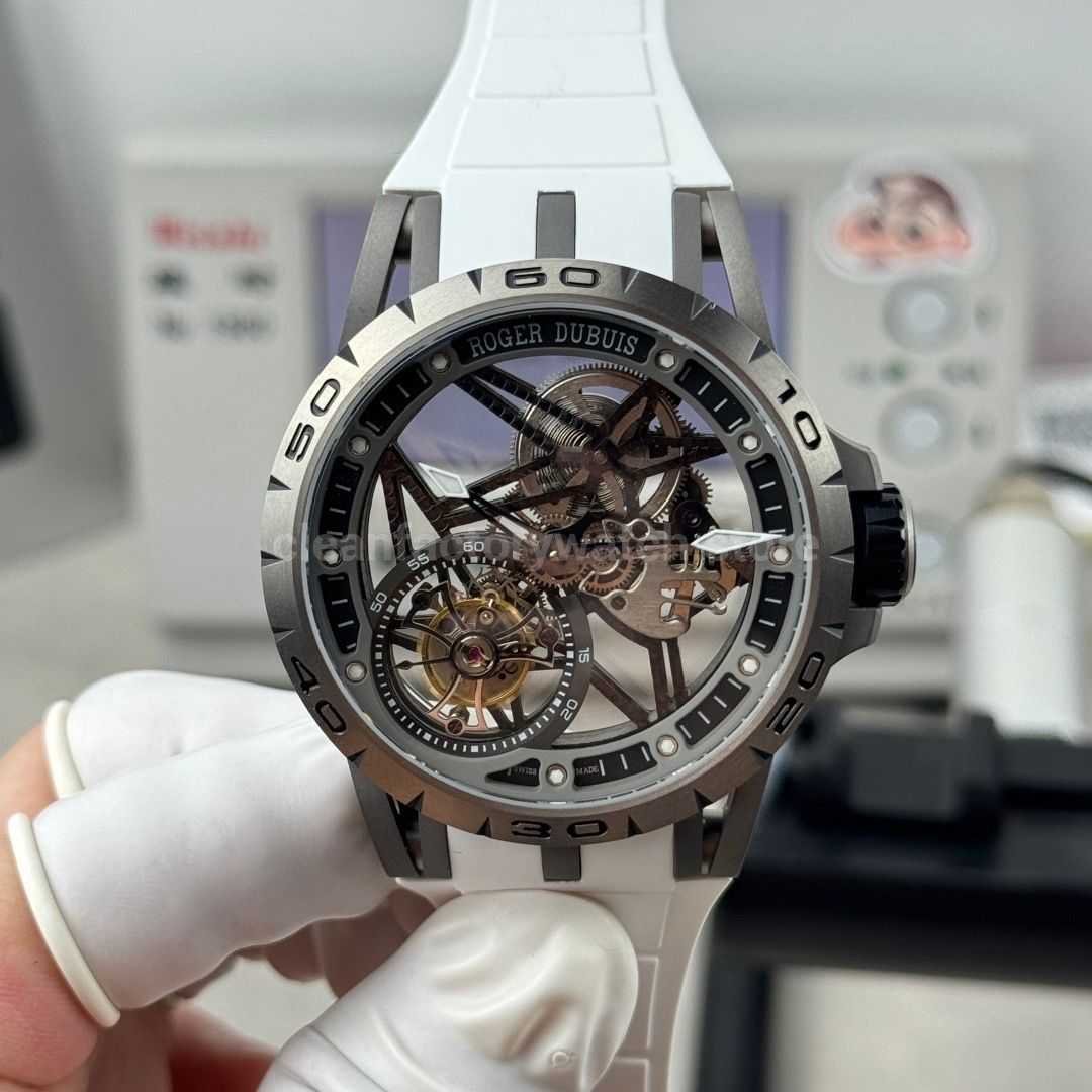 NEW Factory Roger Dubuis Excalibur Spider RDDBEX0479 Tourbillon 45mm Titanium White Rubber Strap Grey Dial