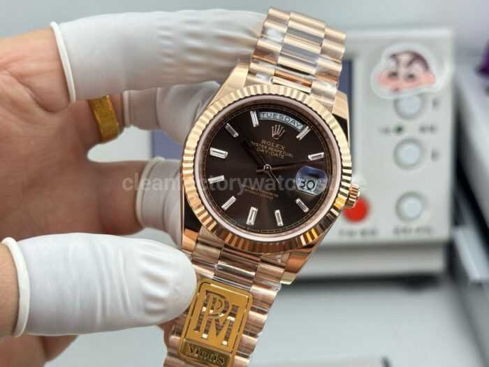 PPM Factory Counterweight Rolex Day-Date 228235-0003 40mm Full Rose Gold Baguette Diamond Brown Dial - Image 3
