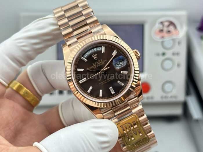 PPM Factory Counterweight Rolex Day-Date 228235-0003 40mm Full Rose Gold Baguette Diamond Brown Dial - Image 2