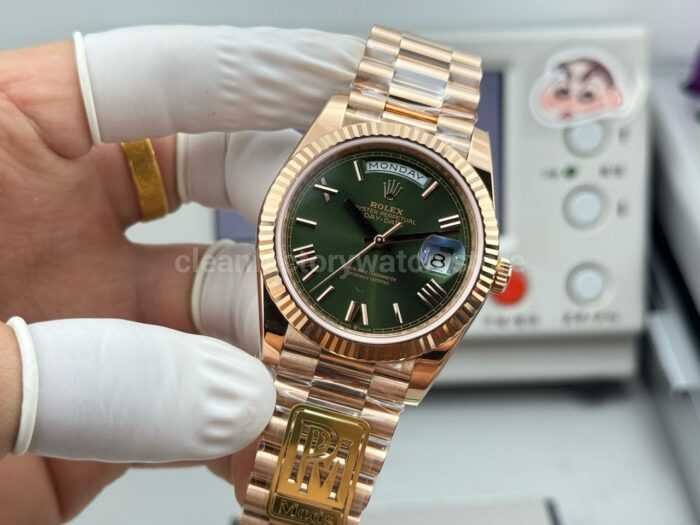 PPM Factory Counterweight Rolex Day-Date 228235-0025 40mm Full Rose Gold Roman Number Olive Green Dial - Image 3