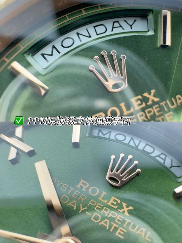 PPM Factory Counterweight Rolex Day-Date 228235-0025 40mm Full Rose Gold Roman Number Olive Green Dial - Image 4