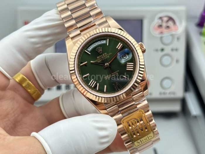 PPM Factory Counterweight Rolex Day-Date 228235-0025 40mm Full Rose Gold Roman Number Olive Green Dial - Image 2
