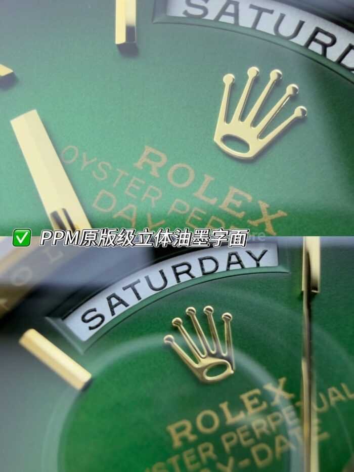 PPM Factory Counterweight Rolex Day-Date 228238-0061 40mm Full Yellow Gold Roman Number Green Dial - Image 4