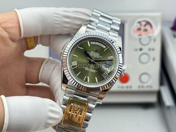 PPM Factory Counterweight Rolex Day-Date 228239-0033 40mm White Gold Roman Numerals Olive Green Dial - Image 3