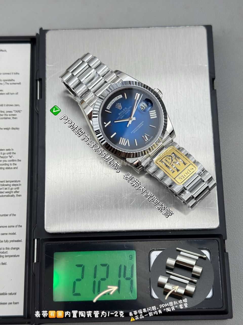 PPM Factory Counterweight Rolex Day-Date 228239-0076 40mm Full White Gold Roman Numerals Dark Blue Dial