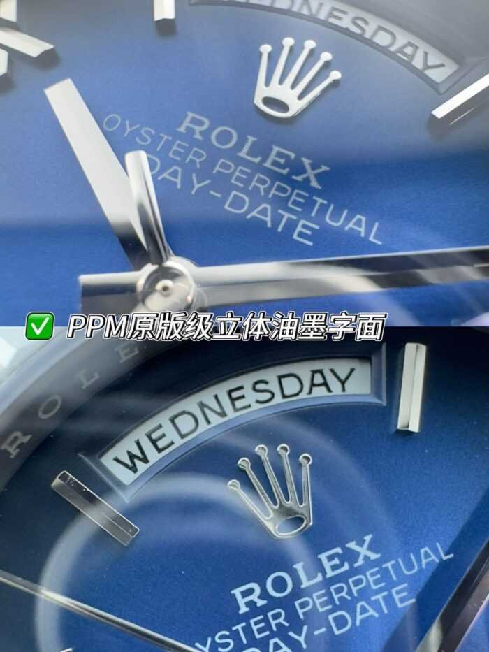 PPM Factory Counterweight Rolex Day-Date 228239-0076 40mm Full White Gold Roman Numerals Dark Blue Dial - Image 4