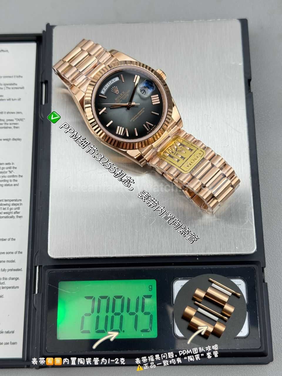 PPM Factory Counterweight Rolex Day Date 238235 0055 40mm Full Rose Gold Roman Number Black Dial (1) PPM Factory Counterweight Rolex Day-Date 238235-0055 40mm Full Rose Gold Roman Number Black Dial - Image 1