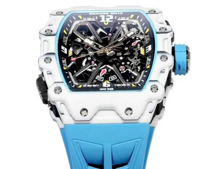 RM Factory Richard Mille RM35-03 White Carbon Fiber Light Blue Rubber Strap Black Skeletonized Dial - Image 4
