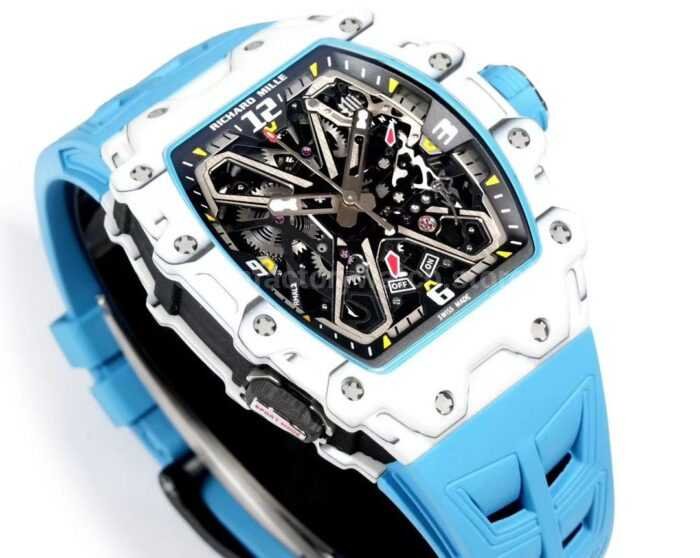 RM Factory Richard Mille RM35-03 White Carbon Fiber Light Blue Rubber Strap Black Skeletonized Dial - Image 2