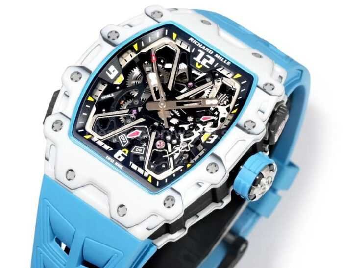RM Factory Richard Mille RM35-03 White Carbon Fiber Light Blue Rubber Strap Black Skeletonized Dial - Image 3