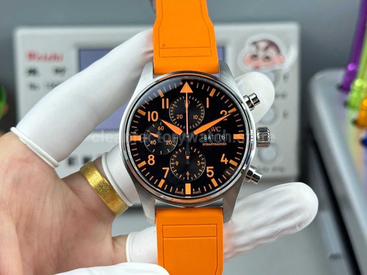 TWS Factory IWC Pilot Chronograph IW377730 41mm Orange Rubber Strap Orange Arabic Numerals Black Dial