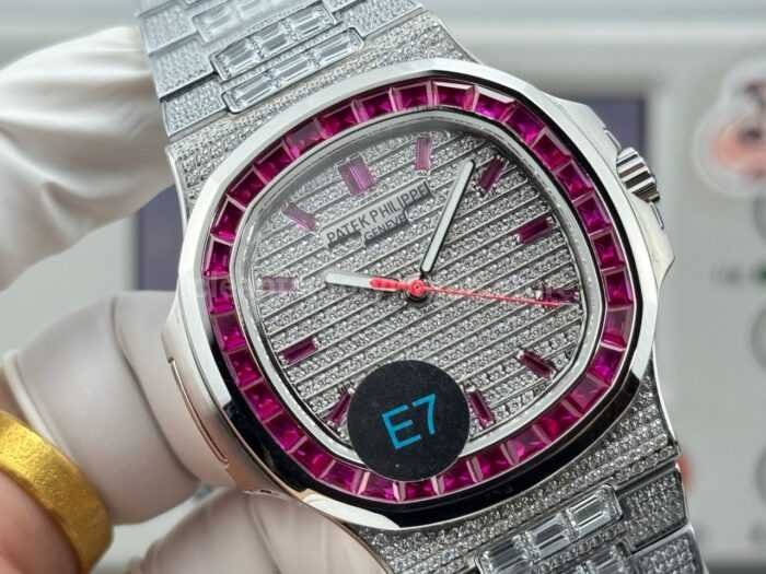 E7 Factory Patek Philippe Emerald Nautilus 5711 40mm Full Platinum Red Diamond Bezel Diamond Dial - Image 4