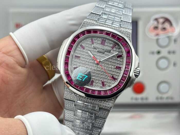 E7 Factory Patek Philippe Emerald Nautilus 5711 40mm Full Platinum Red Diamond Bezel Diamond Dial - Image 3