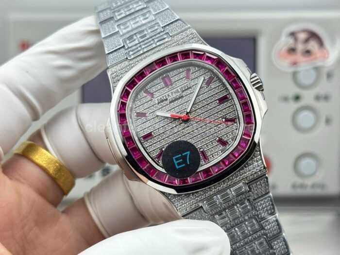 E7 Factory Patek Philippe Emerald Nautilus 5711 40mm Full Platinum Red Diamond Bezel Diamond Dial - Image 2