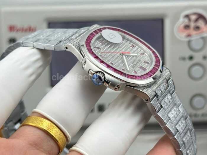 E7 Factory Patek Philippe Emerald Nautilus 5711 40mm Full Platinum Red Diamond Bezel Diamond Dial - Image 6