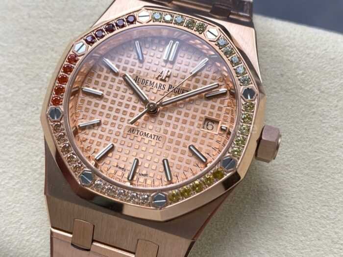 IPF Factory Audemars Piguet Royal Oak 15451OR.YY.1256OR.01 37mm Rose Gold Rainbow Diamond Bezel Champagne Dial - Image 3