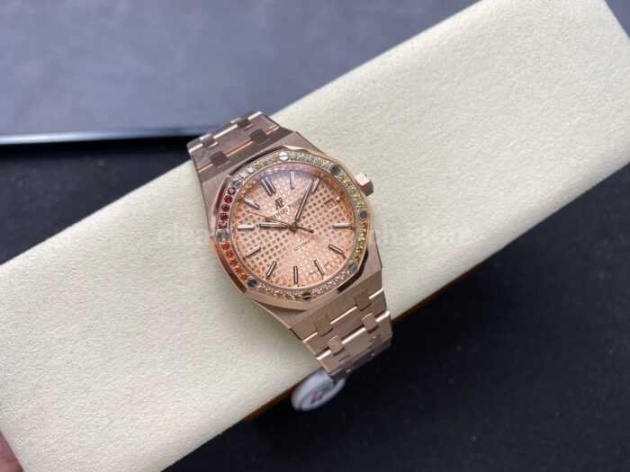 IPF Factory Audemars Piguet Royal Oak 15451OR.YY.1256OR.01 37mm Rose Gold Rainbow Diamond Bezel Champagne Dial - Image 4