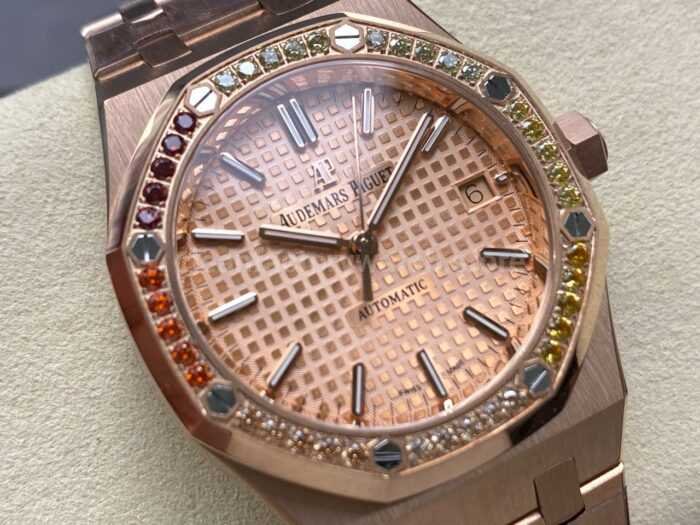 IPF Factory Audemars Piguet Royal Oak 15451OR.YY.1256OR.01 37mm Rose Gold Rainbow Diamond Bezel Champagne Dial - Image 2