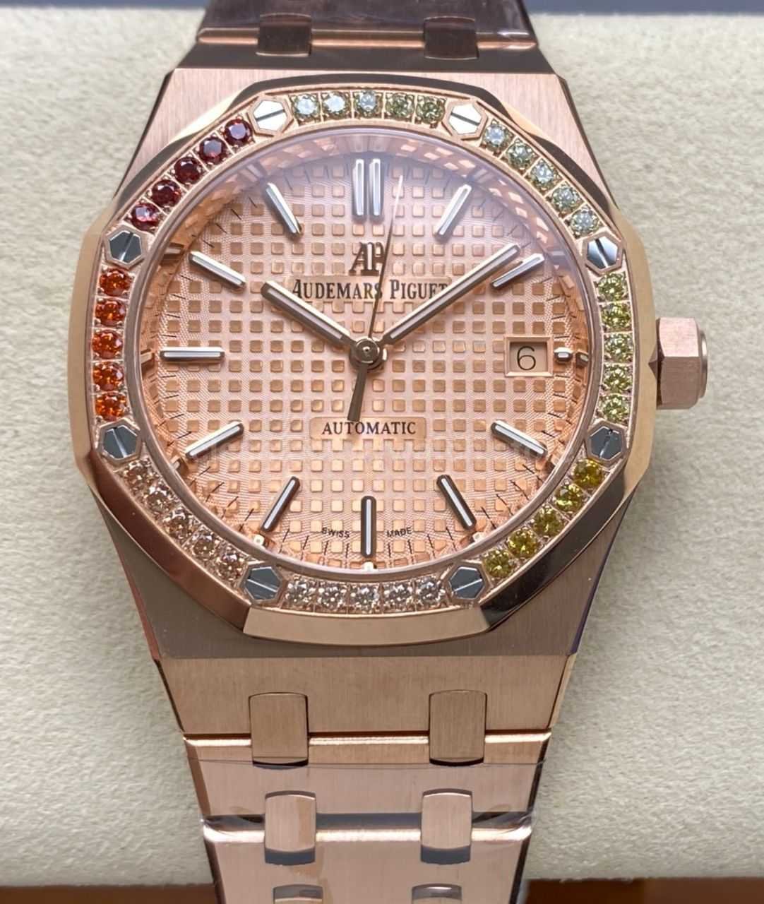 IPF Factory Audemars Piguet Royal Oak 15451OR.YY.1256OR.01 37mm Rose Gold Rainbow Diamond Bezel Champagne Dial (3) IPF Factory Audemars Piguet Royal Oak 15451OR rose gold rainbow diamond bezel champagne dial replica