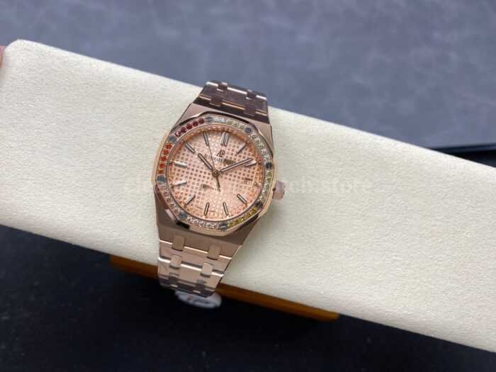 IPF Factory Audemars Piguet Royal Oak 15451OR.YY.1256OR.01 37mm Rose Gold Rainbow Diamond Bezel Champagne Dial - Image 5