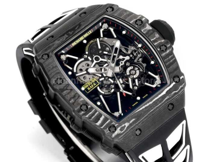 New Factory Richard Mille RM 35-01 42.7mm Black Carbon Fiber Black White Rubber Strap Black Skeletonized Dial - Image 3