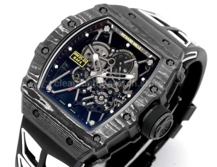 New Factory Richard Mille RM 35-01 42.7mm Black Carbon Fiber Black White Rubber Strap Black Skeletonized Dial - Image 2