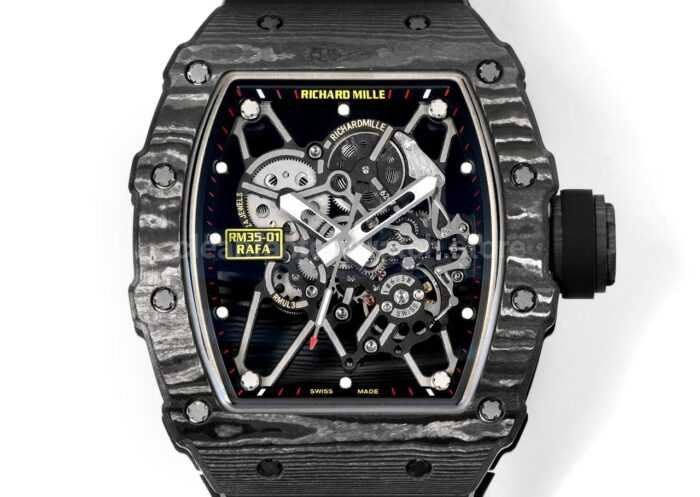 New Factory Richard Mille RM 35-01 42.7mm Black Carbon Fiber Black White Rubber Strap Black Skeletonized Dial - Image 5