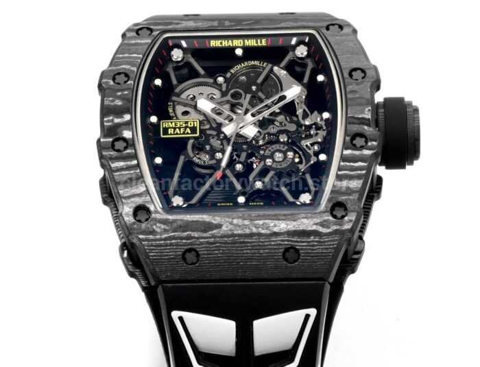 New Factory Richard Mille RM 35-01 42.7mm Black Carbon Fiber Black White Rubber Strap Black Skeletonized Dial - Image 4