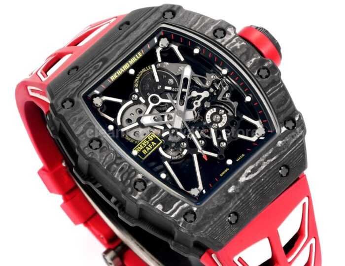 New Factory Richard Mille RM 35-01 42.7mm Black Carbon Fiber Red White Rubber Strap Black Skeletonized Dial - Image 2