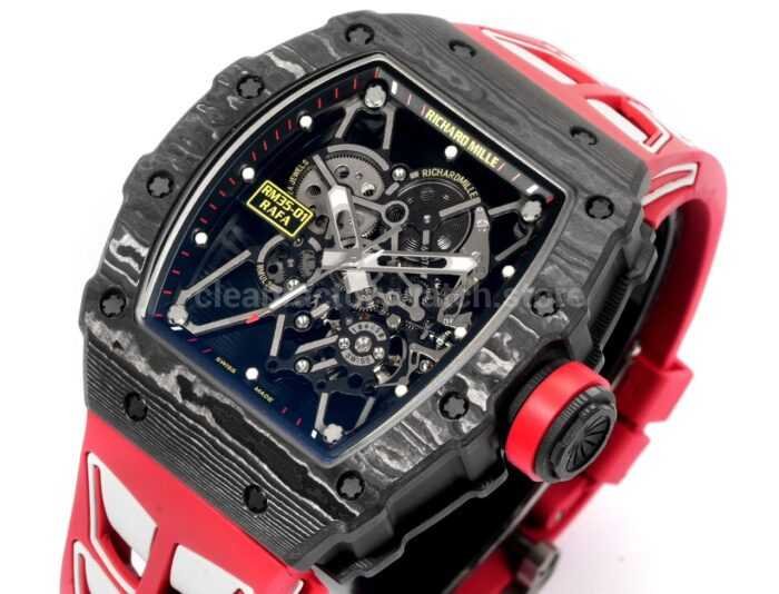 New Factory Richard Mille RM 35-01 42.7mm Black Carbon Fiber Red White Rubber Strap Black Skeletonized Dial - Image 3