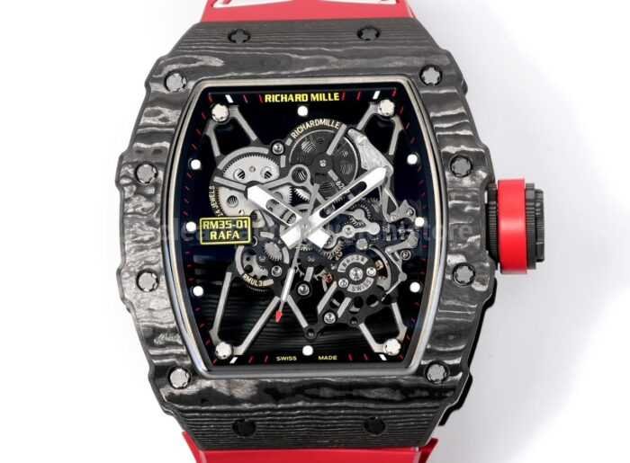 New Factory Richard Mille RM 35-01 42.7mm Black Carbon Fiber Red White Rubber Strap Black Skeletonized Dial - Image 5