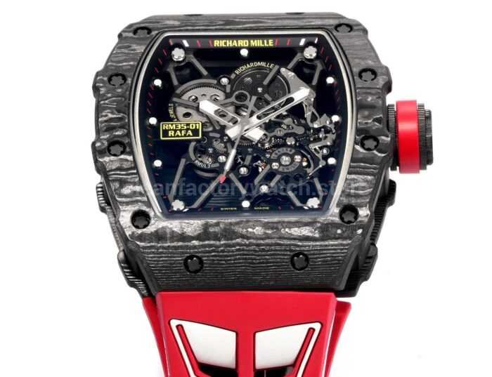 New Factory Richard Mille RM 35-01 42.7mm Black Carbon Fiber Red White Rubber Strap Black Skeletonized Dial - Image 4