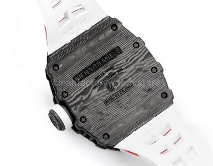 New Factory Richard Mille RM 35-01 42.7mm Black Carbon Fiber White Red Rubber Strap Black Skeletonized Dial - Image 8