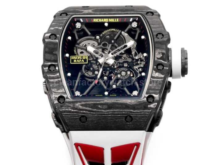 New Factory Richard Mille RM 35-01 42.7mm Black Carbon Fiber White Red Rubber Strap Black Skeletonized Dial - Image 4