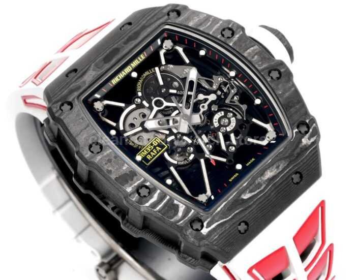 New Factory Richard Mille RM 35-01 42.7mm Black Carbon Fiber White Red Rubber Strap Black Skeletonized Dial - Image 2
