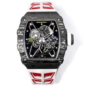 New Factory Richard Mille RM 35-01 42.7mm Black Carbon Fiber White Red Rubber Strap Black Skeletonized Dial