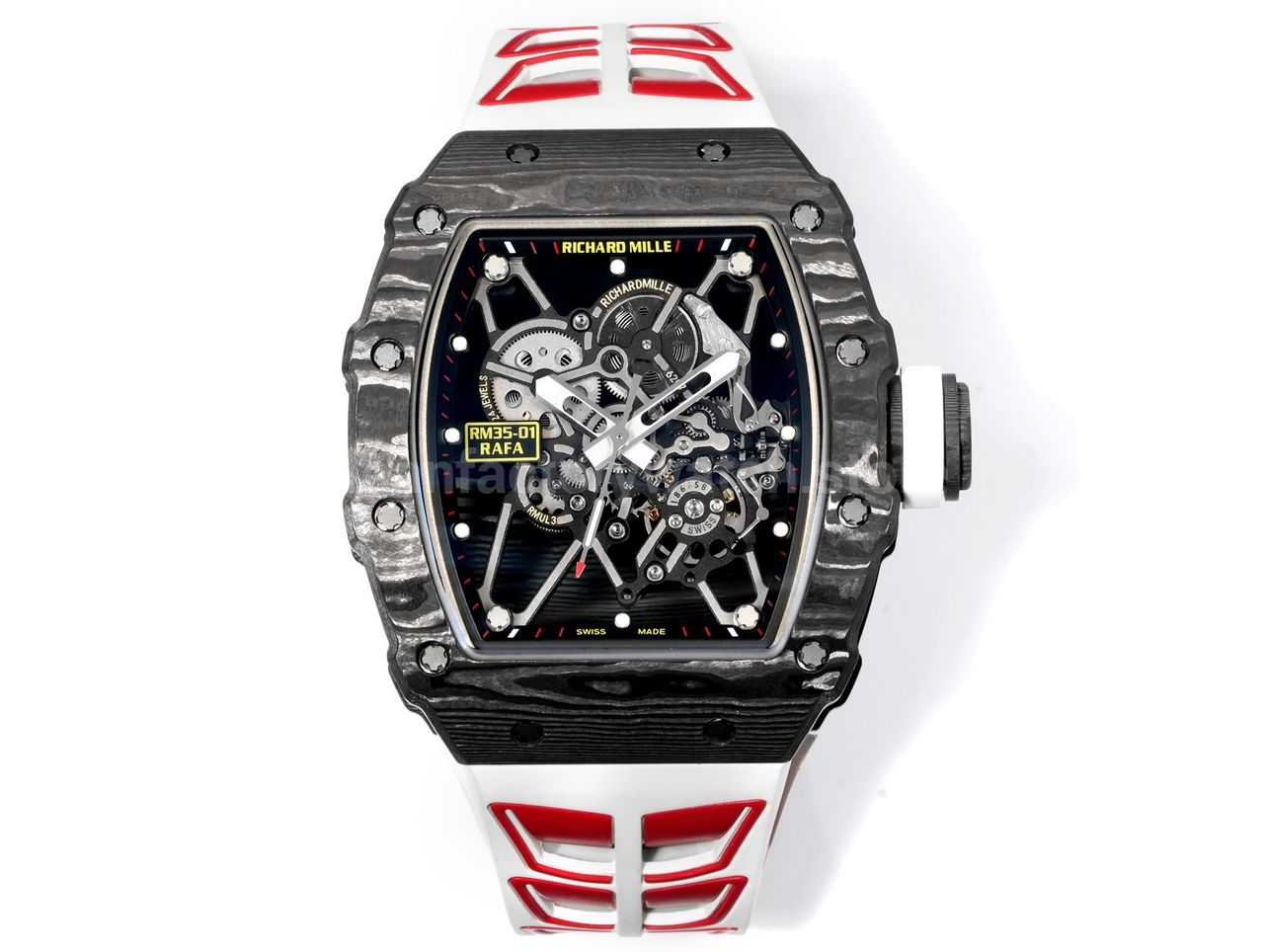 RM 35-01 white red strap replica watch with black skeletonized dial