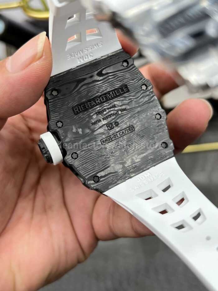 New Factory Richard Mille RM 35-01 42.7mm Black Carbon Fiber White Rubber Strap Black Skeletonized Dial - Image 7