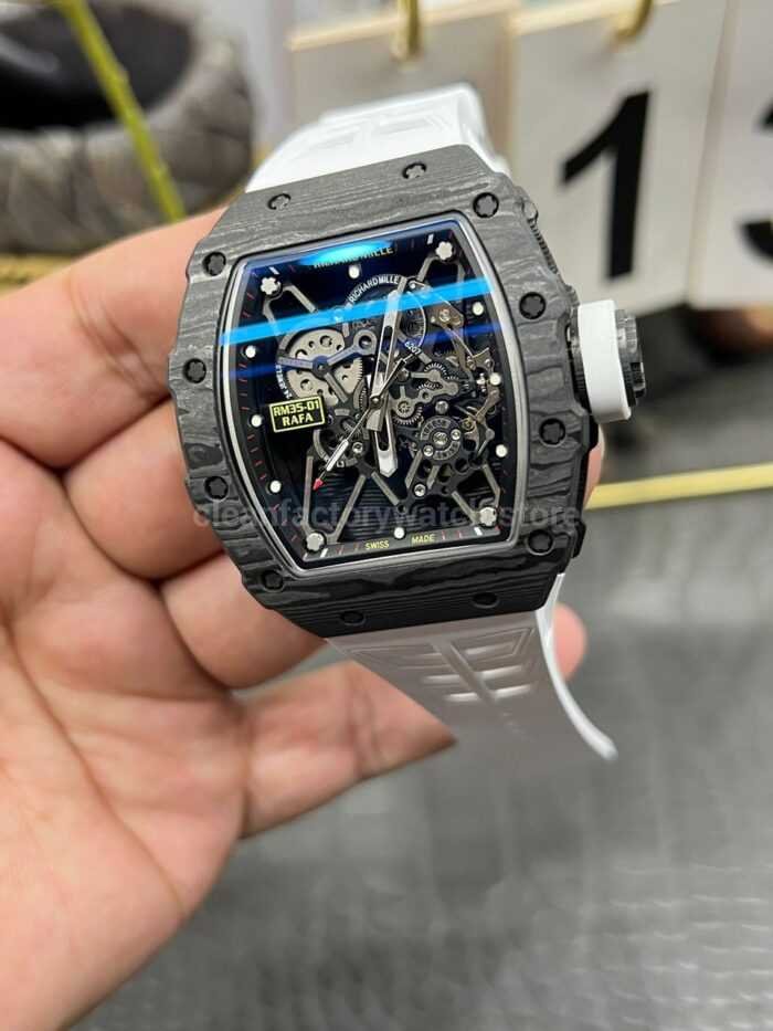 New Factory Richard Mille RM 35-01 42.7mm Black Carbon Fiber White Rubber Strap Black Skeletonized Dial - Image 5