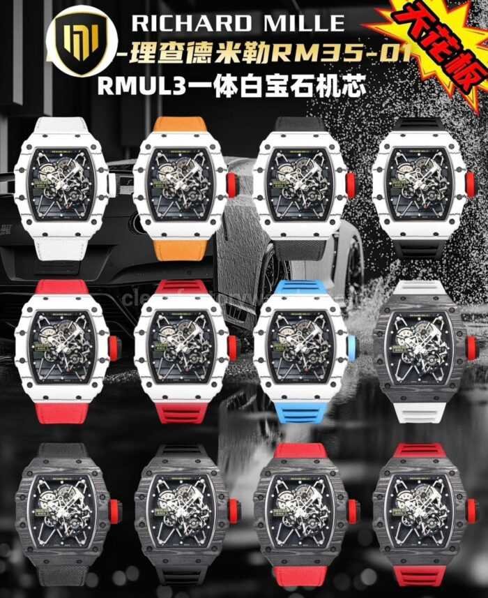 New Factory Richard Mille RM 35-01 42.7mm Black Carbon Fiber White Rubber Strap Black Skeletonized Dial - Image 10