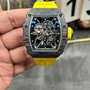 New Factory Richard Mille RM 35-01 42.7mm Black Carbon Fiber Yellow Rubber Strap Black Skeletonized Dial