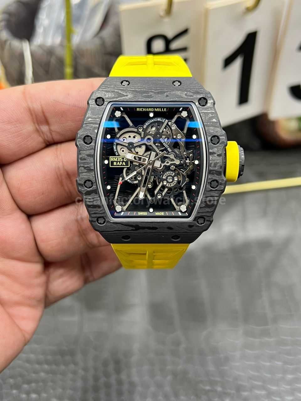 Richard Mille RM 35-01 black carbon fiber yellow rubber strap replica watch