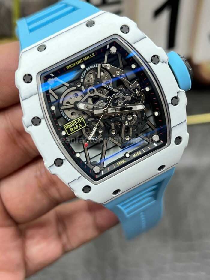 New Factory Richard Mille RM 35-01 42.7mm White Carbon Fiber Light Blue Rubber Strap Black Skeletonized Dial - Image 4