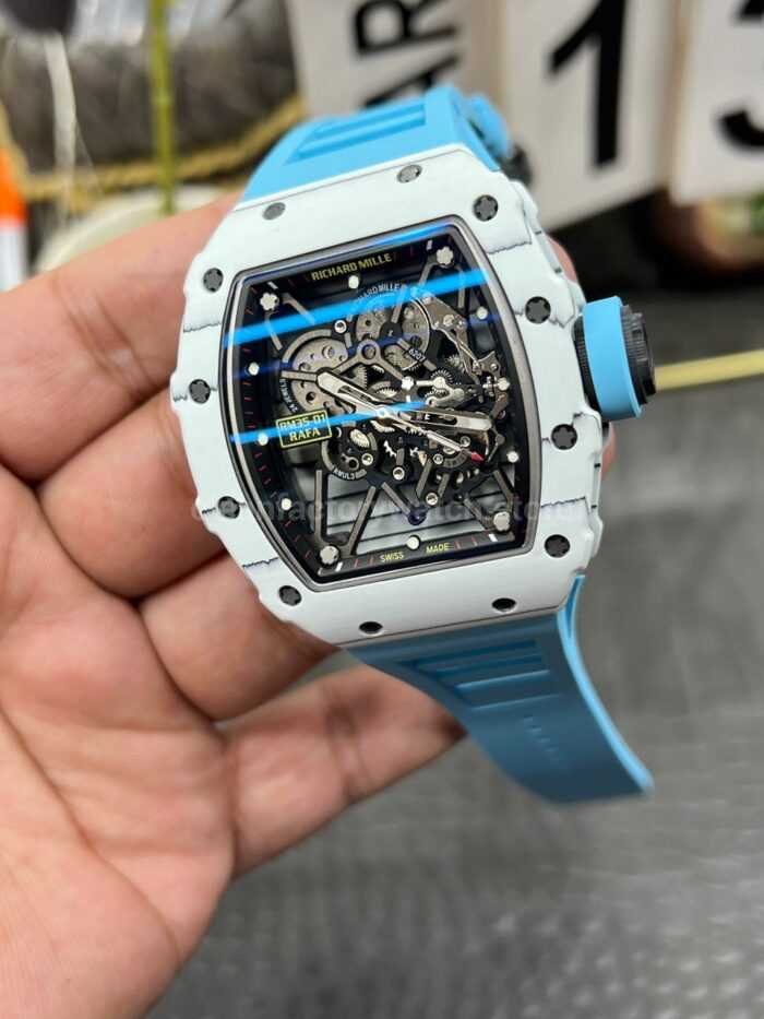 New Factory Richard Mille RM 35-01 42.7mm White Carbon Fiber Light Blue Rubber Strap Black Skeletonized Dial - Image 6