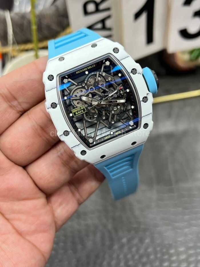 New Factory Richard Mille RM 35-01 42.7mm White Carbon Fiber Light Blue Rubber Strap Black Skeletonized Dial - Image 2