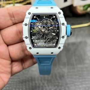 New Factory Richard Mille RM 35-01 42.7mm White Carbon Fiber Light Blue Rubber Strap Black Skeletonized Dial
