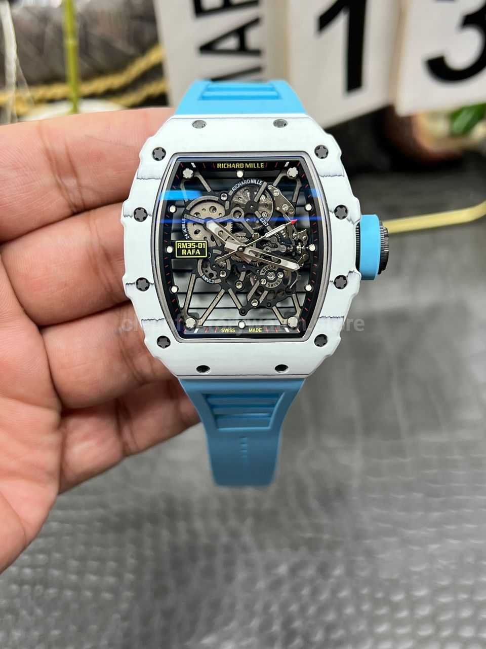 New Factory Richard Mille RM 35-01 white carbon fiber light blue rubber strap replica watch