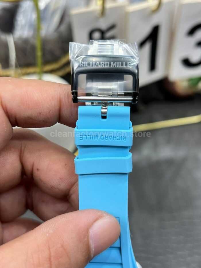 New Factory Richard Mille RM 35-01 42.7mm White Carbon Fiber Light Blue Rubber Strap Black Skeletonized Dial - Image 9