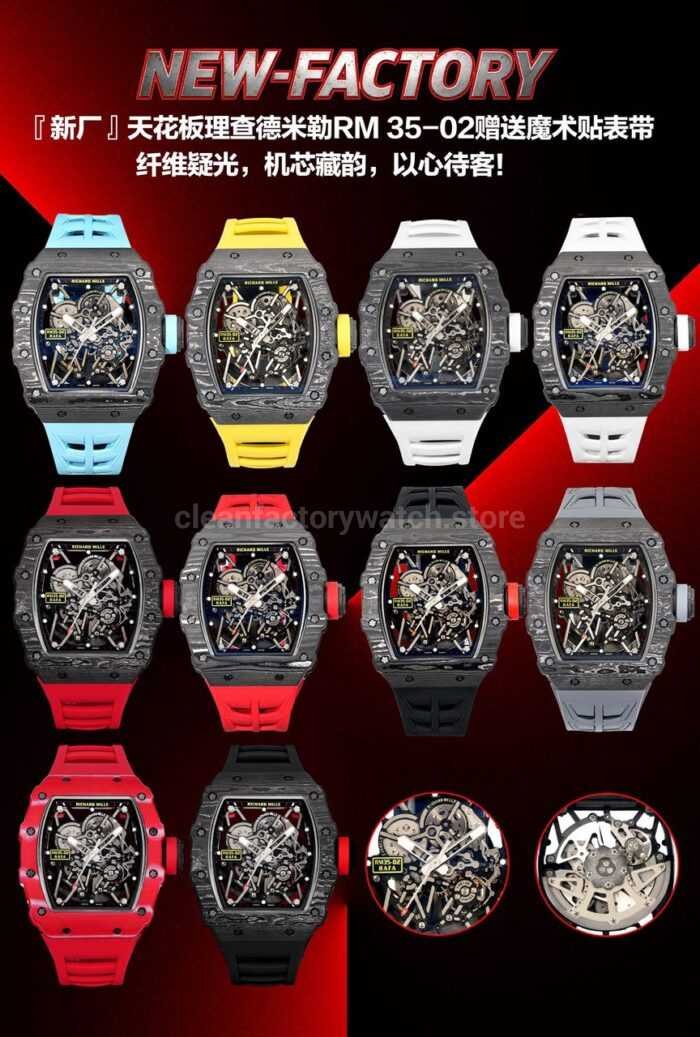 New Factory Richard Mille RM 35-02 44.5mm Black Carbon Fiber Red Rubber Strap Black Skeletonized Dial - Image 10