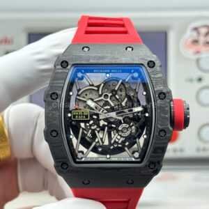 New Factory Richard Mille RM 35-02 44.5mm Black Carbon Fiber Red Rubber Strap Black Skeletonized Dial